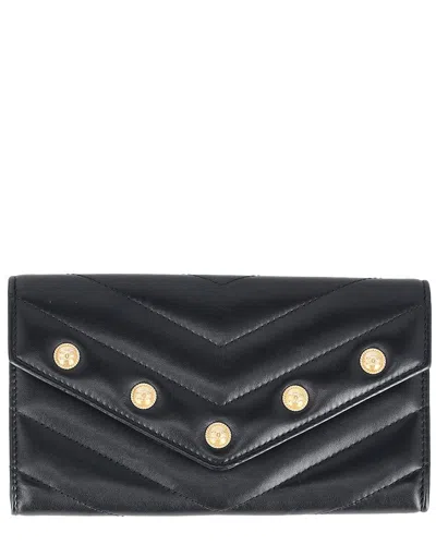 Pre-owned Chanel Black Leather Cc Button-embellished Chevron Flap Wallet (authentic Pre-loved)