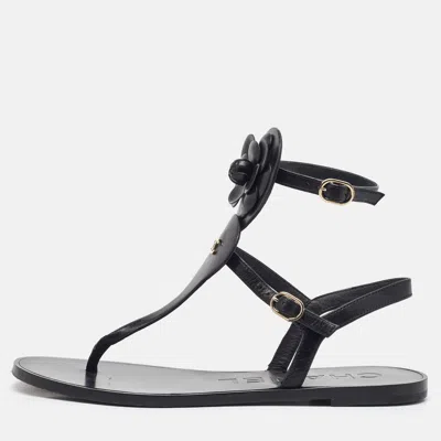 Pre-owned Chanel Black Leather Cc Camellia T-strap Flat Sandals Size 38