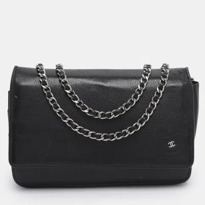 Pre-owned Chanel Black Leather Cc Camellia Woc Clutch Bag
