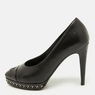Pre-owned Chanel Black Leather Cc Cap Toe Chain Detail Platform Pumps Size 38