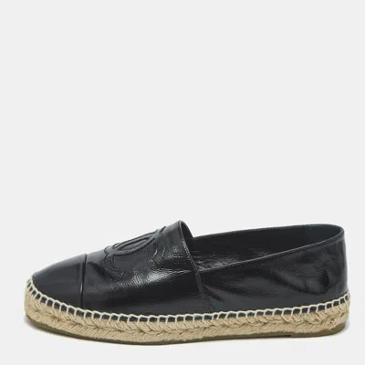 Pre-owned Chanel Black Leather Cc Cap Toe Espadrille Flats Size 38
