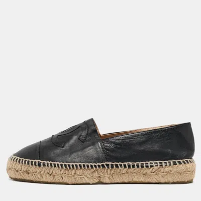 Pre-owned Chanel Black Leather Cc Cap Toe Espadrille Flats Size 39
