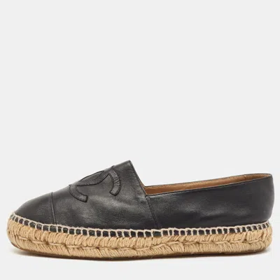 Pre-owned Chanel Black Leather Cc Cap Toe Espadrille Flats Size 39