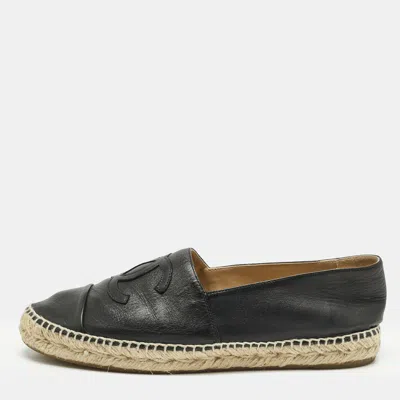 Pre-owned Chanel Black Leather Cc Cap Toe Espadrille Flats Size 42