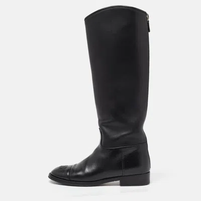 Pre-owned Chanel Black Leather Cc Cap Toe Knee Length Boots Size 38