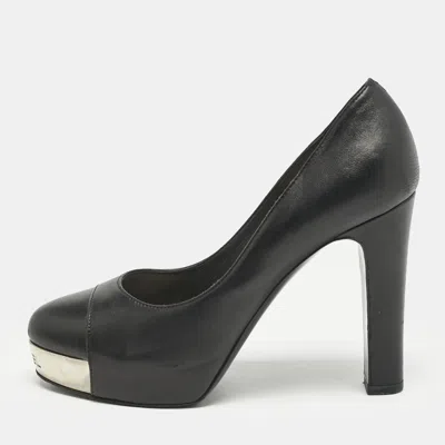 Pre-owned Chanel Black Leather Cc Cap Toe Platform Pumps Size 37