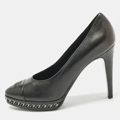 Pre-owned Chanel Black Leather Cc Cap Toe Platform Pumps Size 40