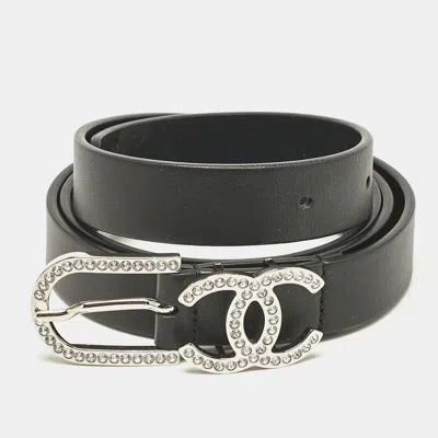Pre-owned Chanel Black Leather Cc Crystals Buckle Belt 85cm