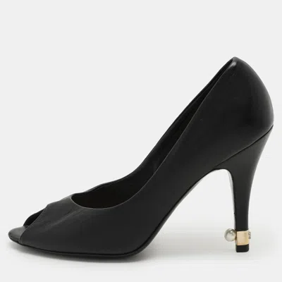 Pre-owned Chanel Black Leather Cc Embellished Peep Toe Pumps Size 36