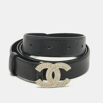 Pre-owned Chanel Black Leather Cc Embellished Waist Belt 90cm