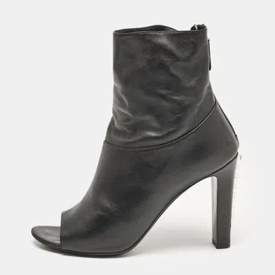 Pre-owned Chanel Black Leather Cc Open Toe Ankle Length Boots Size 36.5