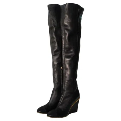 Pre-owned Chanel Black Leather Cc Over The Knee Wedge Boots Sz 40