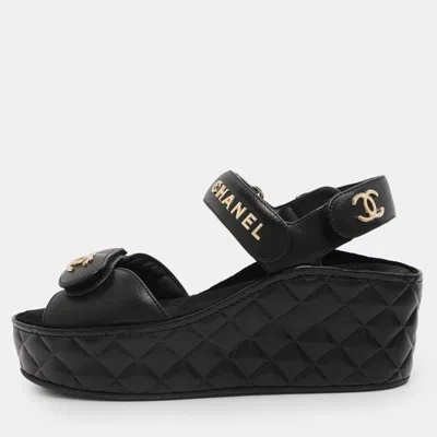 Pre-owned Chanel Black Leather Cc Wedge Platform Sandals Size 36