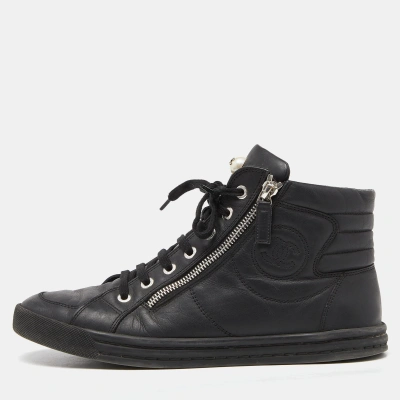 Pre-owned Chanel Black Leather Cc Zip Link High Top Sneakers Size 39.5