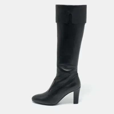 Pre-owned Chanel Black Leather Cc Zip Up Knee Length Boots Size 37
