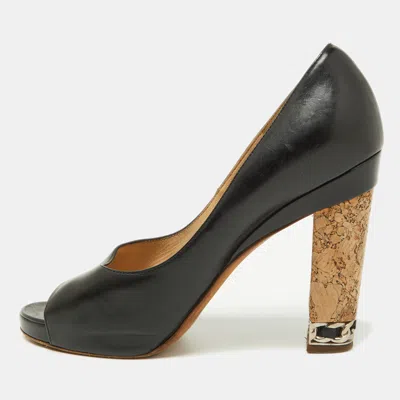 Pre-owned Chanel Black Leather Chain Link Cork Heel Open Toe Pumps Size 38.5