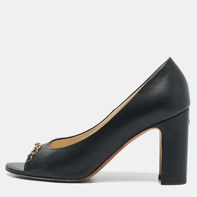 Pre-owned Chanel Black Leather Chain Trim Peep Toe Block Heel Pumps Size 37