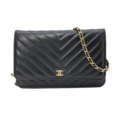 Pre-owned Chanel Black Leather Chain/shoulder Wallet ()