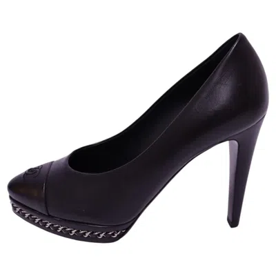 Pre-owned Chanel Black Leather Chain-trim Platform Pumps - Eu 36.5