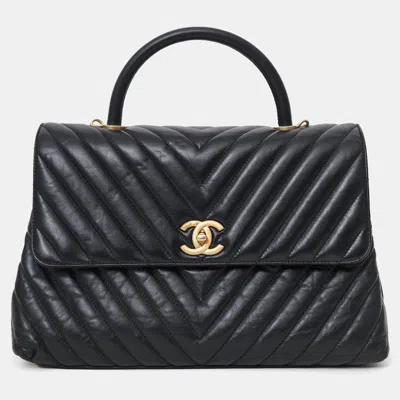 Pre-owned Chanel Black Leather Chevron Coco Top Handle With Strap