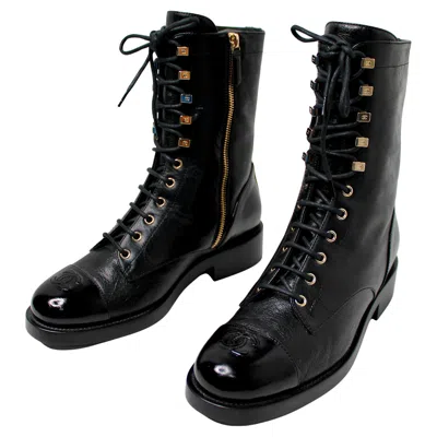 Pre-owned Chanel Black Leather Coco Mark Embroidered Combat Boots Circa 2021