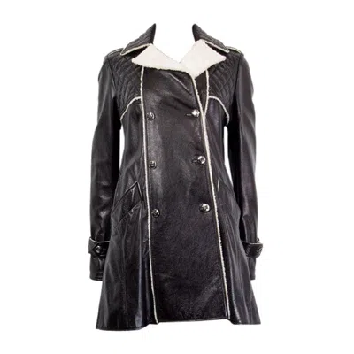 Pre-owned Chanel Black Leather Double Breasted Shearling Peacoat Coat Jacket 38 S
