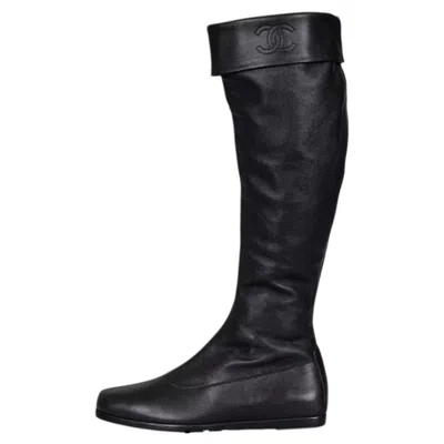 Pre-owned Chanel Black Leather Flat Riding Boots Eu 35.5 Side Zip Round Toe