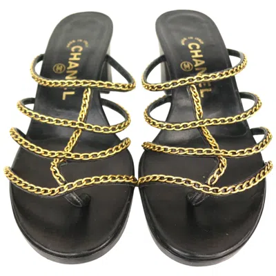 Pre-owned Chanel Black Leather Gold Chain Heeled Sandals