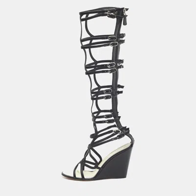 Pre-owned Chanel Black Leather Interlocking Cc Logo Gladiator Sandals Size 39