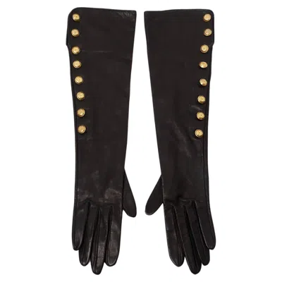 Pre-owned Chanel Black Leather Long Gloves With Interlocking Cc Buttons Circa 1990s