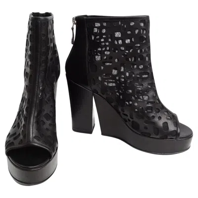 Pre-owned Chanel Black Leather Mesh Cut-out Peep Toe Platform Ankle Boots