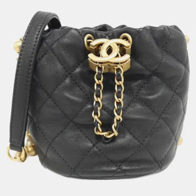 Pre-owned Chanel Black Leather Mini About Pearls Drawstring Bucket Bag