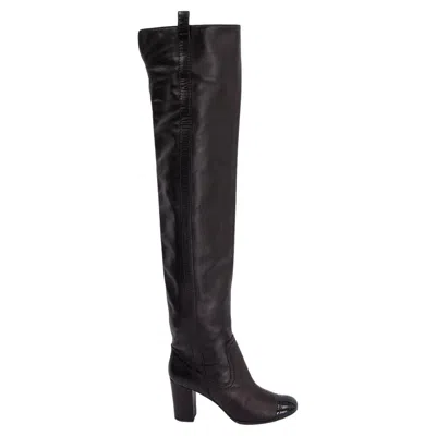 Pre-owned Chanel Black Leather Over Knee Block Heel Boots Shoes 37