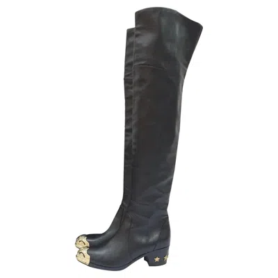 Pre-owned Chanel Black Leather Paris Dallas Metal Cap Toe Thigh High Boots/booties