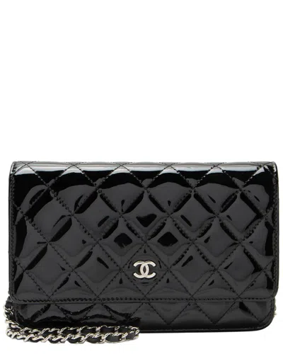 Pre-owned Chanel Black Leather, Patent Leather Quilted Single Flap Classic Wallet On  Chain (authentic Pre-lov