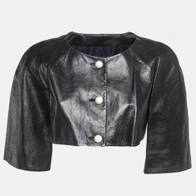 Pre-owned Chanel Black Leather Pearl Button Detail Cropped Jacket M