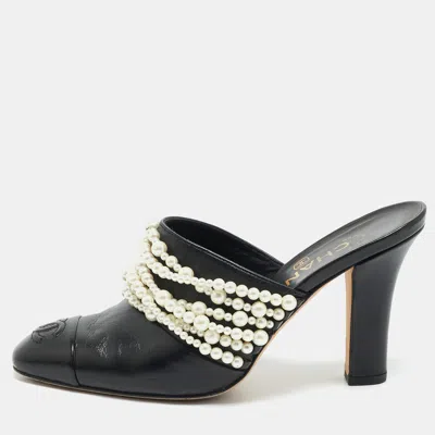 Pre-owned Chanel Black Leather Pearl Embellished Block Heel Slide Sandals Size 36