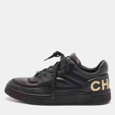 Pre-owned Chanel Black Leather Perforated Cc Lace Up Trainers Size 38