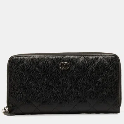 Pre-owned Chanel Black Leather Quilted Caviar Zip Around Wallet