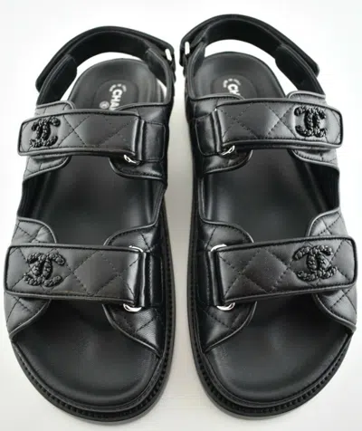 Pre-owned Chanel Black Leather Quilted Chain Cc Logo Mule Slide Strap Flat Dad Sandal 36