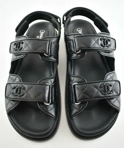 Pre-owned Chanel Black Leather Quilted Chain Cc Logo Mule Slide Strap Flat Dad Sandal 37.5