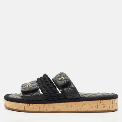 Pre-owned Chanel Black Leather Quilted Rope Cc Flat Sandals Size 39
