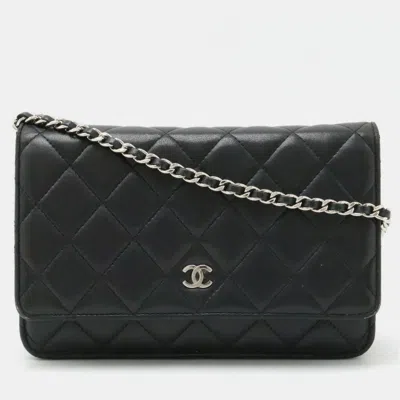 Pre-owned Chanel Black Leather Quilted Wallet On Chain