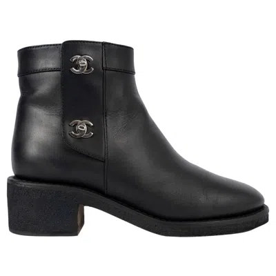 Pre-owned Chanel Black Leather Rev Turnlock Ankle Boots Shoes 38