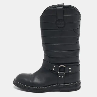 Pre-owned Chanel Black Leather Star Harness Cc Mid Calf Boots Size 39