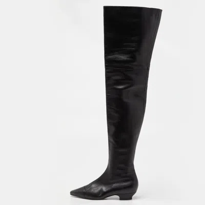 Pre-owned Chanel Black Leather Thigh High Boots Size 37