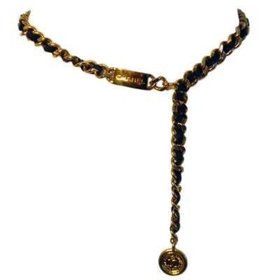 Pre-owned Chanel Black Leather Woven Into Gold Chain "coin" Belt , Circa 1990's