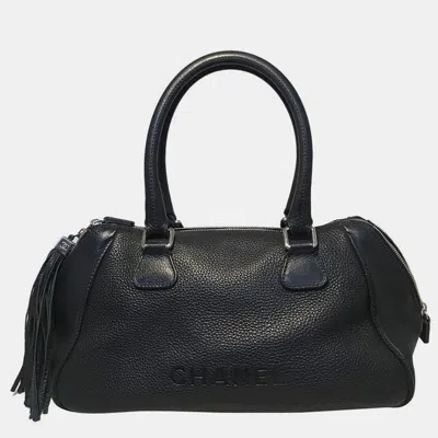 Pre-owned Chanel Black Leather Zip And Tassel Pull Tote Bag