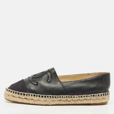 Pre-owned Chanel Black Leather/canvas Cc Logo Espadrilles Size 38