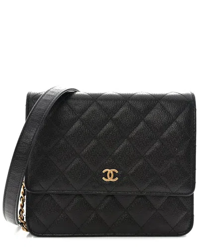 Pre-owned Chanel Black Letter Calfskin Leather Embossed Quilted Square Wallet On Chain  (authentic Pre-loved)